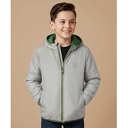 Pine Kids Woven Full Sleeves Solid Hooded Reversible Jacket - Green