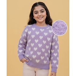 Pine Kids Knitted Full Sleeves Pullover Sweater With Heart Design - Purple