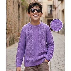 Pine Kids Knit Full Sleeves Pullover Sweater with Floral Design - Purple