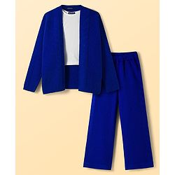 Pine Kids Knit Full Sleeves Solid Color Front Open Sweater Set - Blue