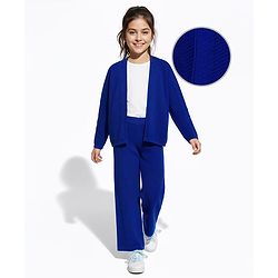 Pine Kids Knit Full Sleeves Solid Color Front Open Sweater Set - Blue