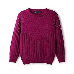 Pine Kids Knit Full Sleeves Solid Coloured Pearl Embellished Pullover Sweater - Dark Pink