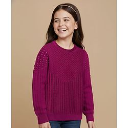 Pine Kids Knit Full Sleeves Solid Coloured Pearl Embellished Pullover Sweater - Dark Pink