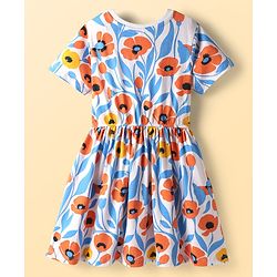 Pine Kids Cotton Knit Half Sleeves Frock With Floral Print - Light Blue