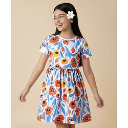 Pine Kids Cotton Knit Half Sleeves Frock With Floral Print - Light Blue