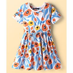 Pine Kids Cotton Knit Half Sleeves Frock With Floral Print - Light Blue