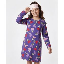 Pine Kids Cotton Knit Full Sleeves Hearts Printed Nighty - Purple