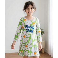 Pine Kids Cotton Knit Full Sleeves Nighty With Floral Print - Light Green