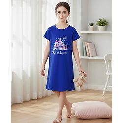 Pine Kids Cotton Knit Half Sleeves Nighty With Text Print - Blue