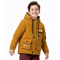 Pine Kids Woven Full Sleeves Hooded Padded Jacket With Text Print - Mustard
