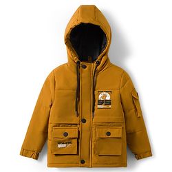 Pine Kids Woven Full Sleeves Hooded Padded Jacket With Text Print - Mustard