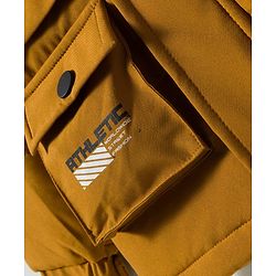 Pine Kids Woven Full Sleeves Hooded Padded Jacket With Text Print - Mustard