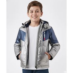 Pine Kids Woven Full Sleeves Solid Color Padded Jacket with Detachable Hood - Silver