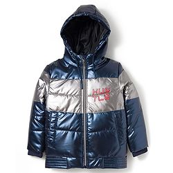 Pine Kids Woven Full Sleeves Hooded Padded Jacket with Text Print - Navy Blue