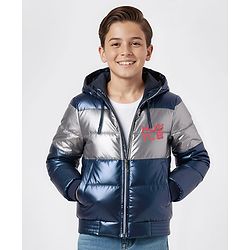 Pine Kids Woven Full Sleeves Hooded Padded Jacket with Text Print - Navy Blue