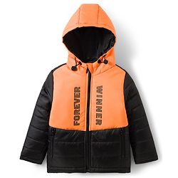 Pine Kids Woven Full Sleeves Hooded Padded Jacket With Forever Print - Orange & Black