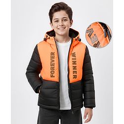 Pine Kids Woven Full Sleeves Hooded Padded Jacket With Forever Print - Orange & Black
