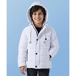 Pine Kids Woven Full Sleeves Solid Color Hooded Padded Jacket - White