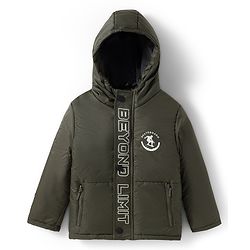 Pine Kids Woven Full Sleeves Hooded Padded Jacket With Skateboard Print - Dark Green