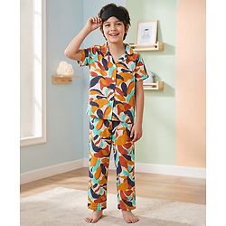 Pine Kids Cotton Knit Half Sleeves Co-Ord Night Suit With Abstract Print - White