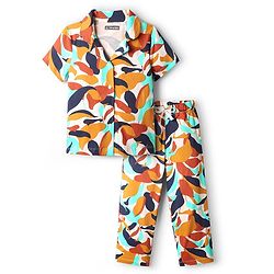 Pine Kids Cotton Knit Half Sleeves Co-Ord Night Suit With Abstract Print - White