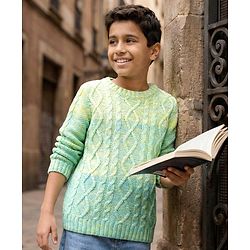 Pine Kids Knit Full Sleeves Pullover Sweater with Cable Knit & Ombre Design - Light Green