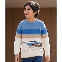 Pine Kids Knit Full Sleeves Pullover Sweater with Color Block & Car Design - Multicolor