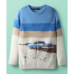 Pine Kids Knit Full Sleeves Pullover Sweater with Color Block & Car Design - Multicolor