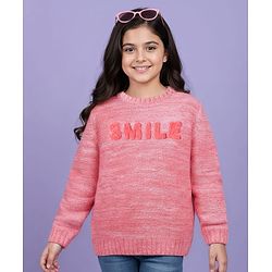 Pine Kids Knit Full Sleeves Pullover Sweater with Smile Embroidery - Pink