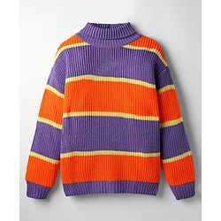 Pine Kids Knit Full Drop Shoulder Sleeves Turtle Neck Pullover Sweater with Color Block Design - Purple & Orange