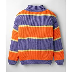 Pine Kids Knit Full Drop Shoulder Sleeves Turtle Neck Pullover Sweater with Color Block Design - Purple & Orange