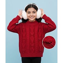 Pine Kids Knit Full Drop Shoulder Sleeves Turtle Neck Pullover Sweater with Cable Knit Design - Red