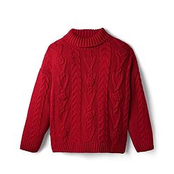 Pine Kids Knit Full Drop Shoulder Sleeves Turtle Neck Pullover Sweater with Cable Knit Design - Red