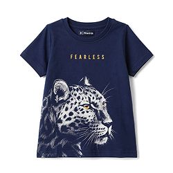 Pine Kids Cotton Knit Half Sleeves T-Shirt With Leopard Print - Navy Blue