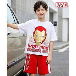 Pine Kids Marvel Single Jersey Knit Oversized Drop Shoulder Half Sleeves T-Shirt and Shorts Set with Avengers Iron Man Graphics - Red & White