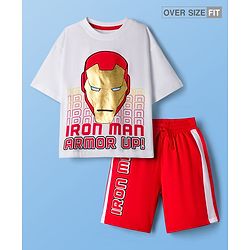 Pine Kids Marvel Single Jersey Knit Oversized Drop Shoulder Half Sleeves T-Shirt and Shorts Set with Avengers Iron Man Graphics - Red & White