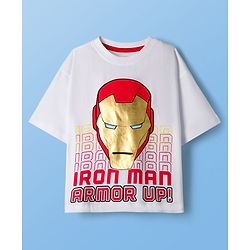 Pine Kids Marvel Single Jersey Knit Oversized Drop Shoulder Half Sleeves T-Shirt and Shorts Set with Avengers Iron Man Graphics - Red & White