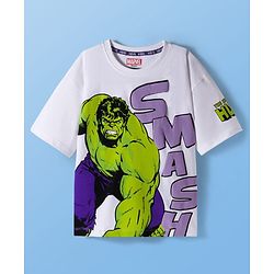 Pine Kids Marvel Single Jersey Knit Full Sleeves Drop Shoulder Oversized T-Shirt & Shorts Set With Avengers Hulk Graphics - White