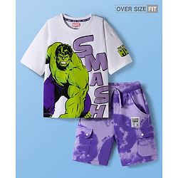 Pine Kids Marvel Single Jersey Knit Full Sleeves Drop Shoulder Oversized T-Shirt & Shorts Set With Avengers Hulk Graphics - White
