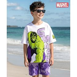 Pine Kids Marvel Single Jersey Knit Full Sleeves Drop Shoulder Oversized T-Shirt & Shorts Set With Avengers Hulk Graphics - White