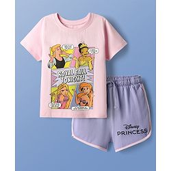 Pine Kids Disney Single Jersey Knit Half Sleeves Shorts Night Suit with Disney Princess Graphics - Pink & Lilac