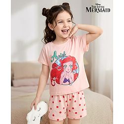 Pine Kids Disney Single Jersey Knit Half Sleeves Shorts Night Suit with Disney Princess Ariel Graphics - Pink