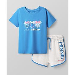 Pine Kids Disney Single Jersey Knit Half Sleeves Shorts Night Suit with Minnie Mouse Graphics - Blue