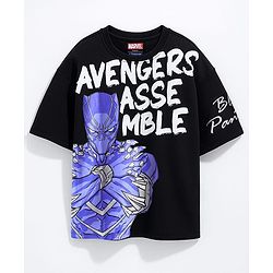Pine Kids Marvel Terry Knit Oversized Drop Shoulder Half Sleeves T-Shirt with Black Panther Graphic - Black