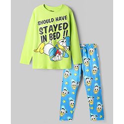 Pine Kids Disney Single Jersey Knit Full Sleeves Night Suit with Mickey Mouse & Friends Graphics - Light Green & Light Blue