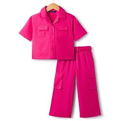 Pine Kids Cotton Sleeves Knit Half Sleeves Solid Color Shirt Style Top and Pant Set with Belt - Dark Pink