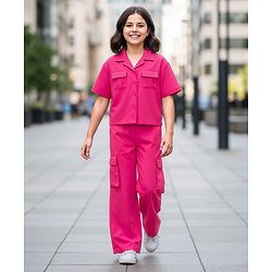 Pine Kids Cotton Sleeves Knit Half Sleeves Solid Color Shirt Style Top and Pant Set with Belt - Dark Pink