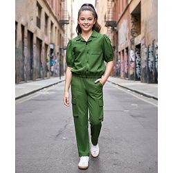 Pine Kids Cotton Woven Half Sleeves Solid Colour Top & Trouser Pant Set - Green