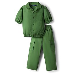 Pine Kids Cotton Woven Half Sleeves Solid Colour Top & Trouser Pant Set - Green