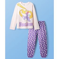 Pine Kids Disney Single Jersey Knit Full Sleeves Night Suit with Disney Princess Rapunzel Graphics - Lavender & White